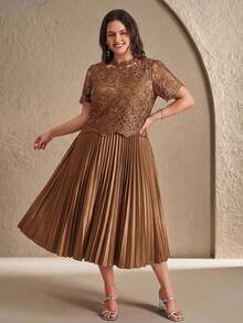 Reflora Vestido elegante de talla grande para mujer con parches, bordados y malla, con dobladillo plisado - Óxido marrón - Ver 5