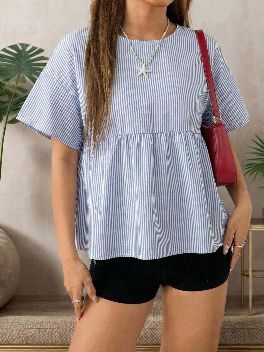 SHEIN EZwear 女士蓝色条纹梭织休闲短袖衬衫 - 藍白色 - 查看 1