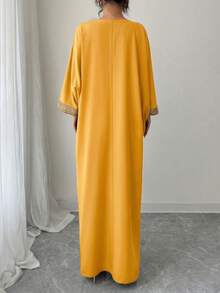 Rafferiza 女士中东风格金色编织饰边流苏吊坠长袍 - 黃色 - 查看 2