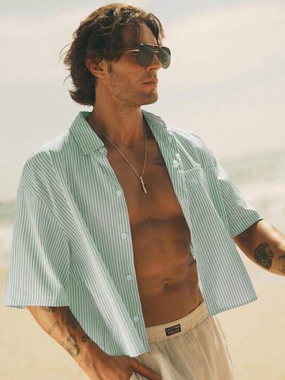 HIMLAND Camisa masculina casual de manga curta com listras e corte slim.