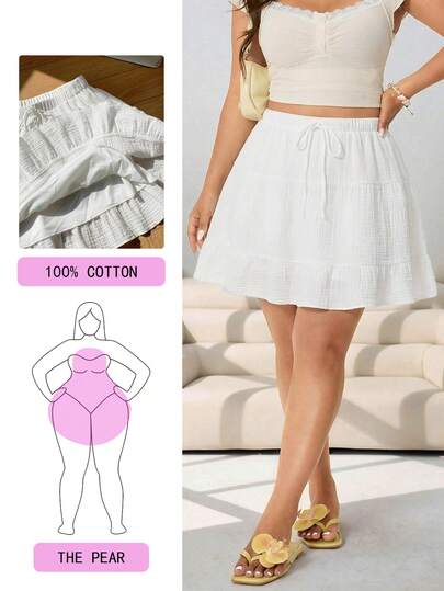 Solflare Plus Size Women's Solid Color Waist Tie Ruffle Hem Casual A-Line Skirt, Spring/Summer