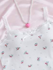 SHEIN Tween女孩花卉圖案緞帶蝴蝶結飾邊細肩帶背心與短褲舒適休閒紅白修身睡衣套裝，2件組 - 紅白色 - 查看 6