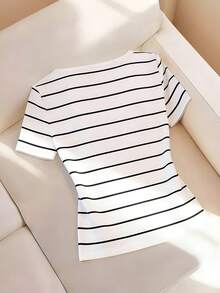 Resyla Nuevo estilo de gran , camiseta de cuello cuadrado de estilo suave con rayas de contraste, ajuste slim de cuello cuadrado, versátil para el uso diario, tanto dentro como fuera, estilo de primavera y verano - Multicolor - Ver 2