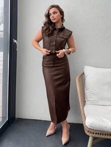 Jeta Ari 女士秋冬PU皮单排扣背心和裙子两件套 - 咖啡棕 - 查看 3