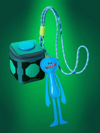 Rick and Morty X SHEIN 1 Túi đựng tiền lẻ hình vuông bằng da PU, kèm mặt dây chuyền hình nhân vật phản diện và dây đeo cổ, túi mini, mặt dây chuyền túi, có thể đựng tiền lẻ, tiền xu, son môi, thẻ và các vật dụng nhỏ khác, phù hợp cho thanh thiếu niên, phụ nữ, nam giới, Mr. Meeseeks, Portal.