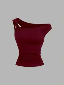 Elenzga 大码不对称领修身T恤，百搭休闲上衣，春夏款 - 酒紅色 - 查看 3