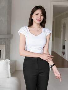 DAZY Cap Sleeve Cropped Square Neck T-Shirt Summer - White - View 5