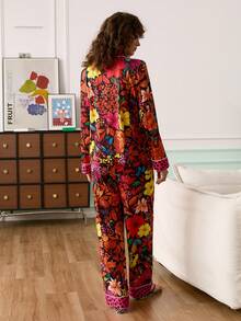 Chillnights 豹纹花卉印花翻领长袖长裤女士睡衣套装 - 玫紅色 - 查看 2