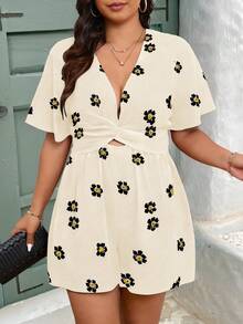 EMERY ROSE Celana Pendek Wanita Ukuran Besar Motif Bunga Leher V Tali Serut Pinggang Model A-Line Lengan Pendek Kasual Elegan, Musim Semi/Panas - Aprikot - View 3