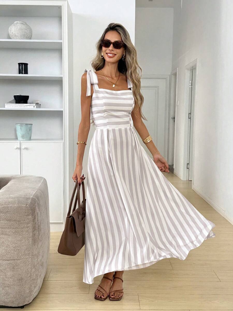 Women's Striped Tie Shoulder Casual Dress Women's Sleeveless Square Neck Striped A Line Maxi Dress VacationChic Women's Vertical Striped A Line Long Dress With Tie Shoulder Straps Summer Dress Spring Dresses Easter Dress Women Beach Dress Dress For Wedding Guest Vacation Dress,Summer Dresses For Women - Multicolor - View 1
