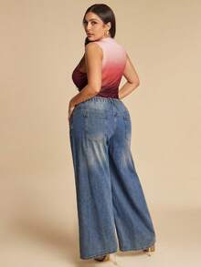 SHEIN BAE 大码女式扎染渐变褶皱网纱连体衣，春夏款 - 彩色 - 查看 3