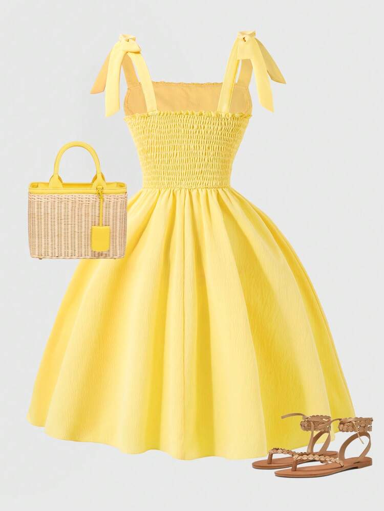 Vestido de verano informal para niñas de unicolor con lazo en la cintura - Amarillo - Añade 2