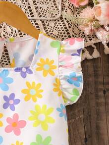 女童碎花印花方领荷叶袖T恤和迷你裙可爱套装 - 彩色 - 查看 3