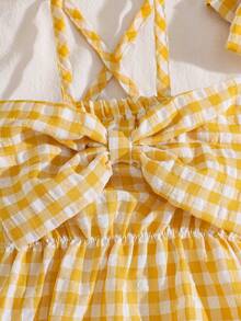 SHEIN Vintaside Kids 2件套女婴时尚可爱条纹露肩连体衣和发带套装，夏季派对 - 黃色 - 查看 6