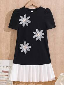 SHEIN 1pc Tween Girl Bowknot Pleated Short Sleeve Dress, Loose Fit, Spring/Summer - Black - View 8