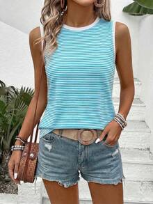 Selamara Áo tank top nữ mùa xuân/hè kiểu dáng thường ngày, cổ tròn, không tay, cổ áo và tay áo phối màu sọc, họa tiết in nổi bật. - Nhiều màu - Xem 5