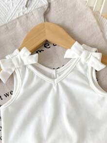 SHEIN Baby Mädchen Baby Mädchen Spaghetti-Träger Schleife Dekor gestricktes Tanktop mit kariertem Rock, lässig bequem für Sommer, Landleben, Urlaub - Babypink - Übersicht 3