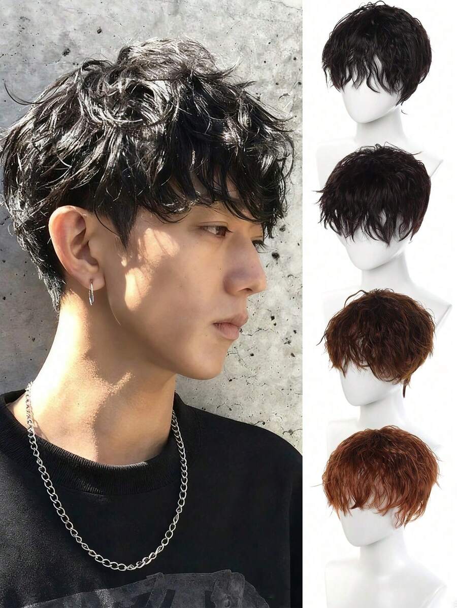 男士全头假发,蓬松卷发,自然时尚,隐形透气,短款全头假发;男士短款卷发假发,锡纸烫发爆炸头,欧美时尚短款合成发帽;男士假发 - 彩色 - 查看 1