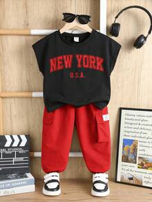 SHEIN 2 piezas Conjunto de niños pequeños de top sin mangas impreso y pantalones con cordón, cómodo y versátil - Rojo - Ver 6