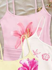 SHEIN Pink And White Summer Cute Vacation Holiday Tween Girl 3-Piece Set,Tropical Floral Hibiscus Shell Beach Scene Print Racerback Crop Tank Tops,White - Multicolor - View 5