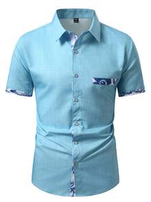 Manfinity RSRT 男士夏季休闲短袖衬衫 - 藍色 - 查看 2