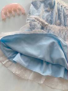 Comfortcana 女士撞色蕾丝蝴蝶结网眼吊带背心 - 藍色 - 查看 6