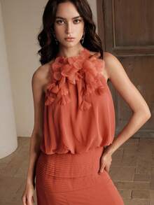 Anewsta Spring/Summer New Holiday Party Halter Sleeveless Detachable Floral Decor Waist Splice Ruffle Hem Romantic Elegant Maxi Dress For Women - Coral Orange - View 5