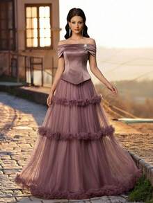 Aureia Elegant Luxury Vintage Off Shoulder Satin Patchwork Maxi Dress,Handcrafted Rhinestone Decor Tulle 3D Floral Design,Formal Gown For Weddings & Galas - Purple - View 2