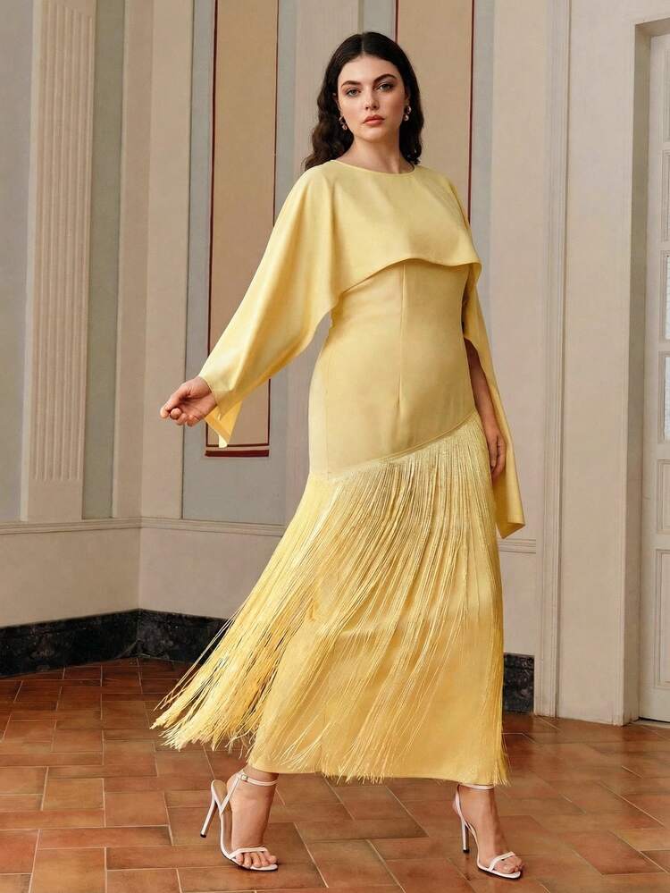 Plus Size Women's Elegant Yellow Shawl Collar Long Dress, Fringe Hem Design Adds Romantic Vibe, Suitable For Parties, Weddings, Spring, Summer, Holidays, Vacations
