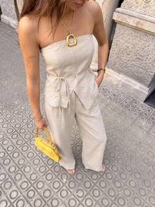 Firerie 女士优雅简约时尚通勤都市风休闲度假新款腰带抹胸上衣搭配高腰阔腿裤卡其色两件套，春夏款 - 卡其色 - 查看 1