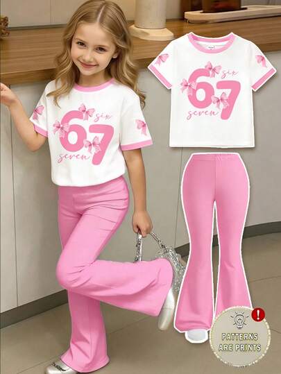 Set de 2 piezas de Conjunto de camiseta de manga corta con estampado de lazo y número 67 en color contrastante y pantalones acampanados para niñas jóvenes, adecuado para salidas en primavera/verano