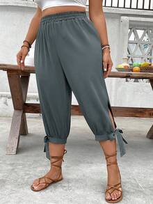EMERY ROSE Plus Size High Waist Drawstring 7/8 Pants, Spring/Summer - Grey - View 4