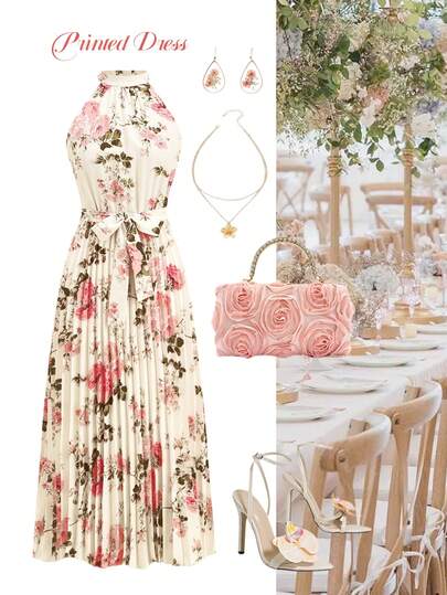 Ellevyn Women's Floral Print Pleated Hem Elegant Halter Dress  Elegant Party Dress   Bridesmaid Dress Summer Outfits For Women  Elegant Dresses For Women  Summer Women's Wedding Guest Loose-Fitting Waist Tie-Waist Apricot Floral Print Dress Halter Neck Pleated Long Skirt Romantic And Elegant Long Dress