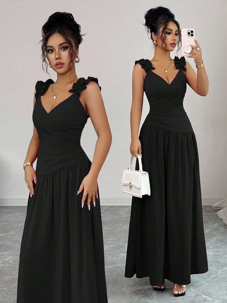 Elenzga Đầm maxi nữ mùa xuân hè kiểu Pháp lãng mạn Sicily thanh lịch thường ngày, phù hợp đi làm, đi nghỉ mát, dự tiệc trà chiều, cổ chữ V, eo xếp ly, dáng chữ A, viền bèo nhún, dây mảnh. Chất lượng tốt. Đầm mới 2026 bán chạy nhất. Đầm nữ trang phục dự tiệc. Đầm nữ thanh lịch cổ điển. - màu đen - Xem 1