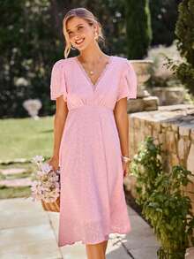 KARISMINA 女士纯色V领短袖中长针织连衣裙，春夏款 - 淺粉色 - 查看 7