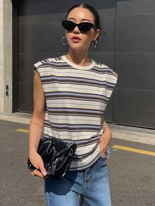 DAZY Áo thun nữ không tay cổ tròn kẻ sọc, vai độn, phong cách Y2K - Màu be - Xem 6