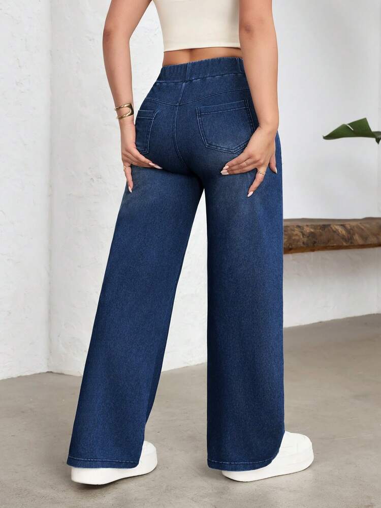 Flexra Calça Denim Casual Esportiva de Perna Larga Elástica, Estilo de Rua Feminino - Azul Empoeirado - Visão 2