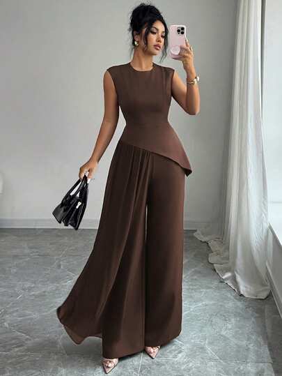 SHEIN Elenzya 2-Piece Set: Chiffon Patchwork Round Neck Asymmetric Hem Sleeveless Blouse + Loose Wide Leg Pants, Elegant Vintage French Style For Commuting, Business, Vacation, Casual, Spring/Summer