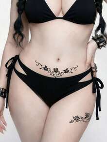 ROMWE Plus Size Women Gothic Style Black Sexy Bikini Bottom - Black - View 1