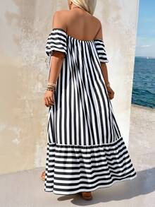 Breezaya Große Größen Sommer Lässig gestreiftes Off-Shoulder Kleid mit Rüschensaum - Schwarz und Weiss - Übersicht 2