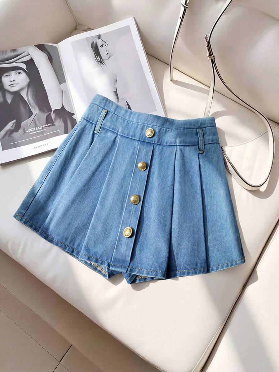 GlowEve Women's Casual Pleated Denim Shorts, Summer - Blue - View 1
