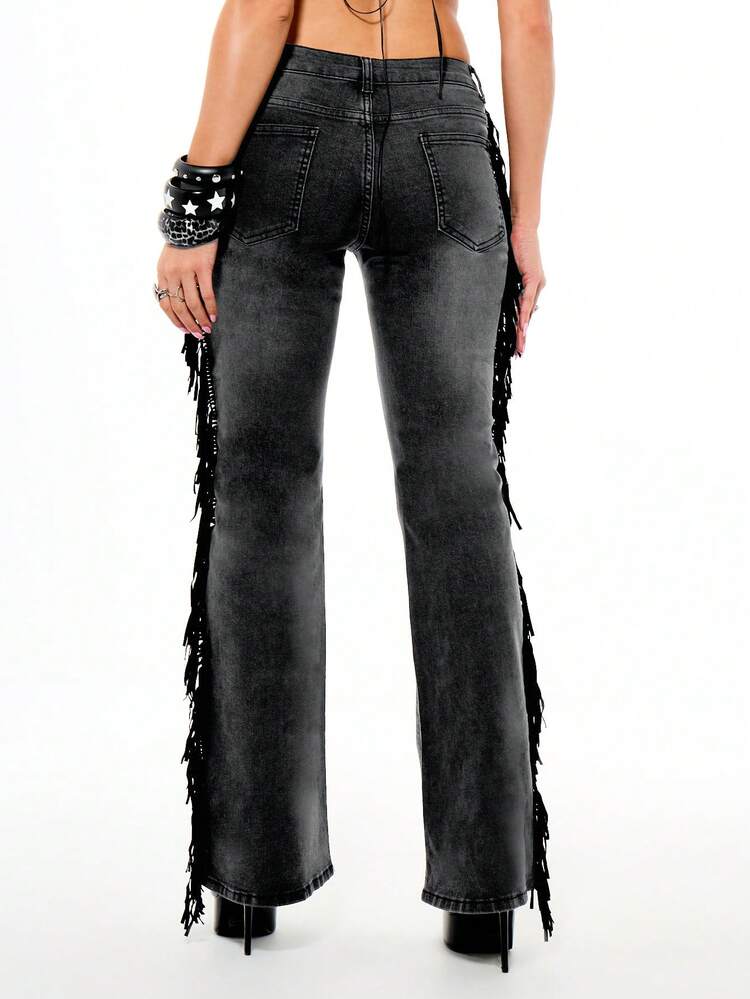 SUMWON WOMEN Women's Studded Fringe Detail Black Washed Denim Flared Bell Bottom Jeans Vintage Retro Style Boho Festival Western Inspired Pants