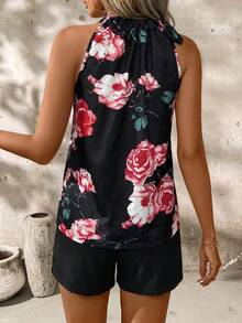 SHEIN Clasi 2pcs/Set Pink Floral Print Camisole & Shorts,Vacation Outfits Women - Black - View 2