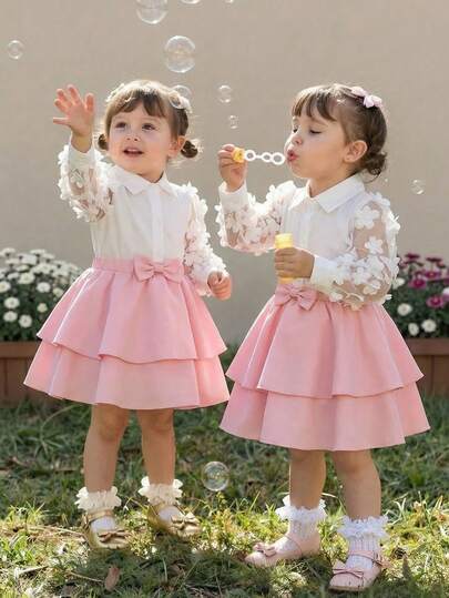 فساتين للعيد      
 فستان ناعم   ,A Set Of Casual And Fashionable Long-Sleeved, Three-Dimensional Embroidered Butterfly-Shaped White Shirts For Girls, Paired With A Cute Pink Short Skirt, Is Suitable For Girls Aged 4 To 7. It Is Ideal For Daily And Festival Wear, And Is Perfect For Summer,Summer Outfits,Squishy, Kids Elegant Clothes, Long Sleeves Kids, Elegant Set For Girls Skirt, 2pcs Set Toddler Girls Cute, Skirt Suit For Kids,Squishy