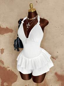 Sunspun 大码提花面料修身连体裤，裙摆设计，露背休闲连体裤，适合春夏穿着，舒适百搭 - 白色 - 查看 4