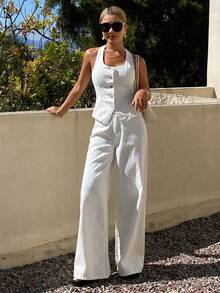 DAZY Bộ đồ denim nữ gồm áo yếm hở lưng và quần ống rộng thoải mái, thích hợp cho kỳ nghỉ hè. - trắng - Xem 2