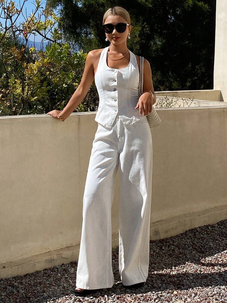 Women's Halter Backless Denim Top And Loose Wide-Leg Pants Casual Vacation Denim Set Summer