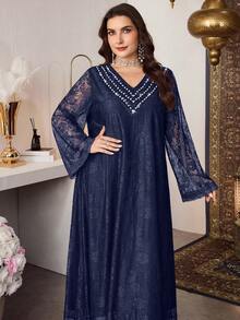 Al Najma Plus Size Women's Lace Fabric Beaded Collar Elegant Dress, Spring/Summer - Navy Blue - View 5