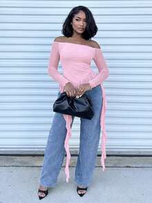 Alexandranx Romantic Spring Asymmetric Jellyfish Ribbon Ruffled Hem Asymmetrical Sloping Shoulder Short Sleeve Solid Color Tight Elastic See-Through Mesh Women's T-Shirt Pink Long Sleeve Top - Pink - View 5