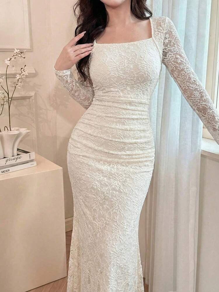 Feyla Vestido elegante y urbano de encaje blanco ajustado para mujer, vestidos de noche largos - Blanco - Añade 3